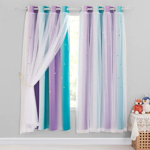 Vista 21 de NICETOWN Cortinas para Dormitorio de Niñas Infantiles con Estrellas Caladas Ventana 2 Capas Cortina 63 Pulgadas de Longitud Oscurecimiento