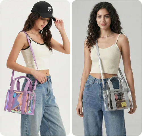 Vista 6 de Bolsa transparente para eventos de estadio, bolsa de mano para estadio para mujer, mini bolso con correa cruzada