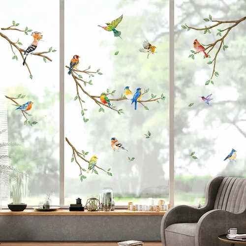 Vista 2 de Decalmile Pegatinas de vidrio anticolisión para ventana de colibrí y pájaro de doble cara de rama de árbol