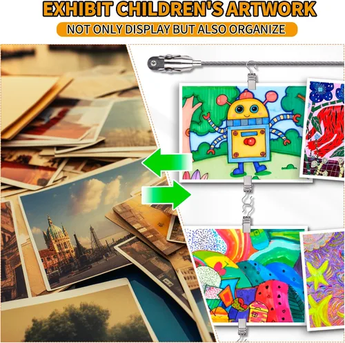 Vista 5 de Expositor de arte para niños, kit para colgar cuadros en la pared con 50 clips, alambre de 10 pies, adecuado para foto/imagen, almacenamiento