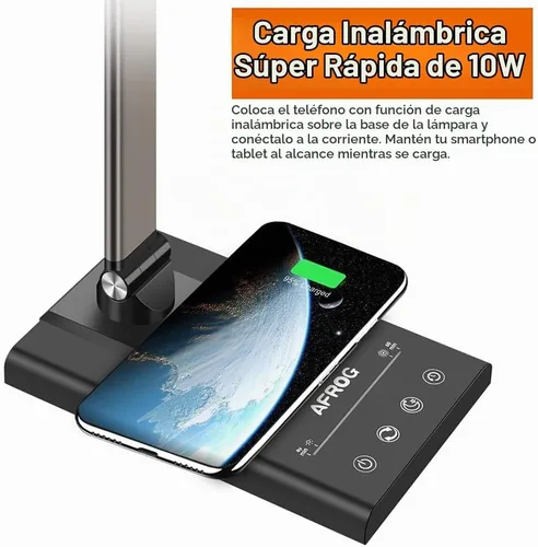 Vista 4 de AFROG - Lámpara de escritorio LED multifuncional de 5ª generación con cargador inalámbrico de carga rápida de 10 W, puerto de carga USB, 1800 lux