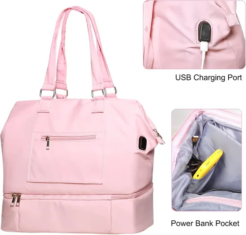 Vista 6 de MINKARS Bolsa de fin de semana con compartimento para zapatos, funda para portátil, puerto de carga USB, Rosado, Bolsa de fin de semana