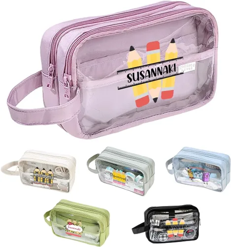 Vista 16 de Caja de lápices transparente de gran capacidad, estuche personalizado de doble capa con nombre, caja de lápices de plástico transparente apilable