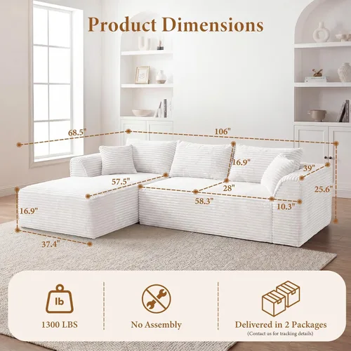 Vista 2 de Vesgantti - Sofá modular sin hueso de 106 pulgadas con diván, asiento profundo, cómodo sofá modular de pana de espuma viscoelástica para sala