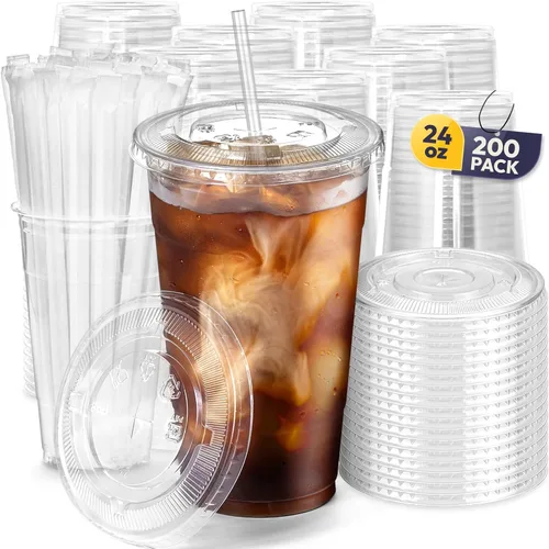 Vista 10 de Fit Meal Prep Paquete de 100 Vasos de Plástico para Café Helado de 16 oz con Tapas Planas y Pajitas Transparentes, Vaso Transparente Desechable