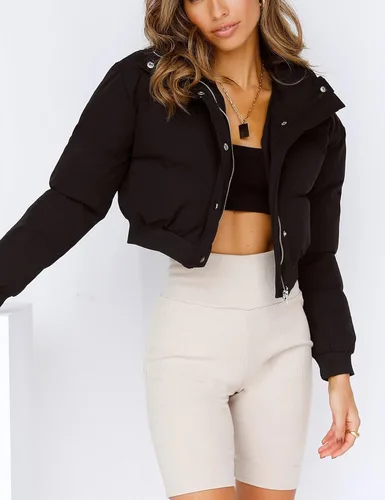 Vista 3 de Uaneo Chaqueta Puffer Recortada para Mujer con Cuello Levantado y Cremallera Frontal, Abrigos Acolchados de Plumón de Invierno