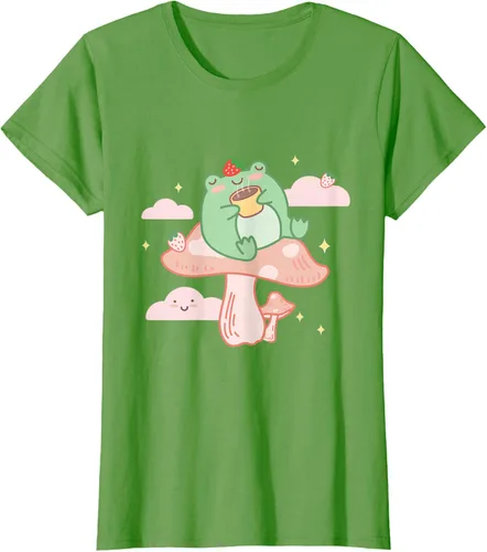 Vista 4 de Kawaii Strawberry Frog On Mushroom - Camiseta de manga corta de anime, Azul / Patchwork, S Azul Pastel