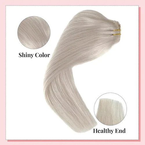 Vista 4 de Extensiones de cabello humano real Remy con clip, color blanco hielo, extensiones de cabello humano natural con clip, 12 pulgadas, 7 piezas, 2.47 oz
