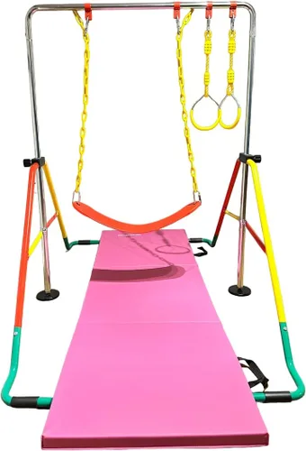 Vista 2 de Barra de entrenamiento de gimnasia para niños, barra plegable expandible 5 en 1 + alfombrilla de 6 x 2 pies, asiento de columpio, 2 anillos