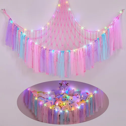 Vista 13 de FIOBEE Red de Animales de Peluche o Hamaca con Luz LED, Hamaca de Juguetes Colgante Organizador de Almacenamiento Soporte para Animales de Peluche