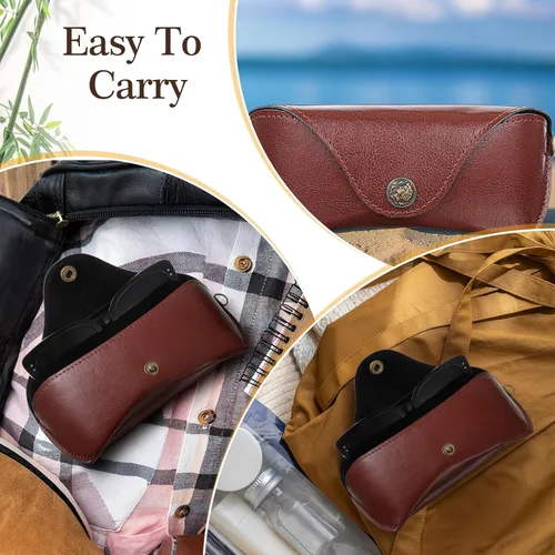 Vista 4 de Funda de cuero para lentes, delgada funda de cuero portátil para lentes de sol, ajuste universal, protección de carcasa dura, color marrón