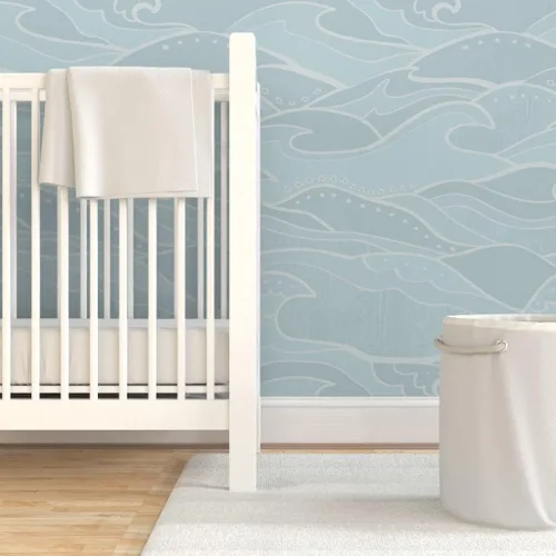 Vista 6 de Spoonflower Papel tapiz para despegar y pegar - Ondas Mar Luz Verde Azul Océano Náutico Surf Beach House Papel pintado extraíble personalizado