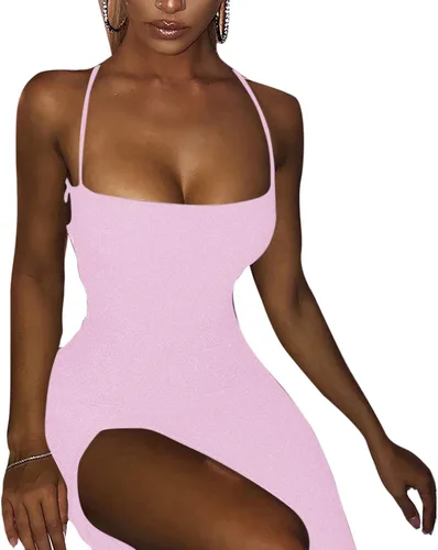 Vista 2 de Vestido largo sexy con tirantes delgados con purpurina para mujer, con cordones, espalda descubierta, con abertura alta, para fiesta, club nocturno