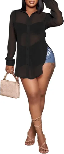 Vista 3 de Blusa transparente con botones para mujer, sexy, de manga larga, de malla, para mujer