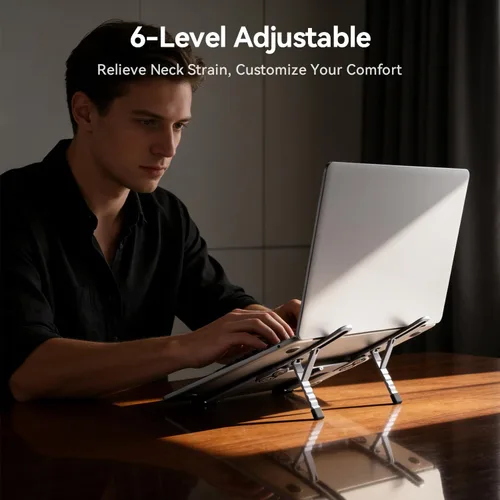 Vista 2 de Soporte portátil para laptop, elevador plegable para computadora portátil, soporte ergonómico ajustable de 6 niveles, soporte de computadora de Gris