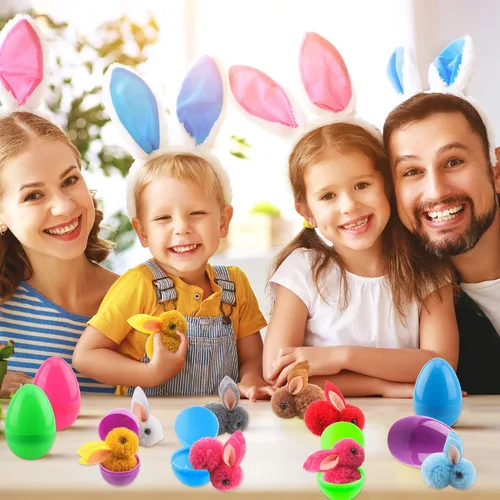 Vista 4 de 48 huevos de Pascua rellenos con mini conejito de peluche, juguetes de Pascua para fiesta de Pascua, juegos de caza en interiores y exteriores