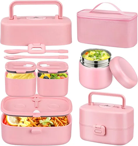 Vista 9 de Lonchera Bento para niños con termo de sopa de 8 onzas, 2 recipientes de alimentos a prueba de fugas, una bolsa de almuerzo, tarro de comida