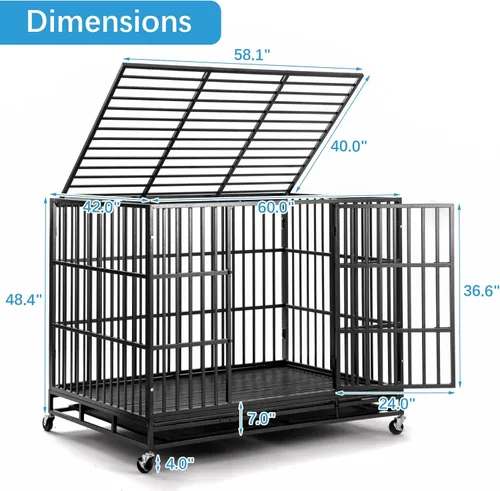Vista 2 de Jaula para perros resistente de 60 pulgadas, plegable, sin montaje, jaula grande para perros a prueba de escape, con ruedas con cerradura, corralito
