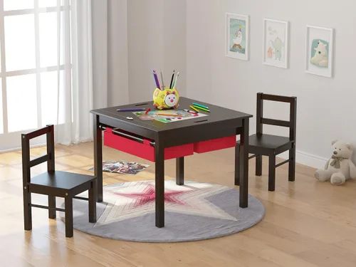 Vista 2 de UTEX - Juego de mesa de construcción para niños 2 en 1 de madera con dos sillas y cajones de almacenamiento, y placa empotrada compatible