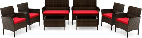 Vista 20 de RELAX4LIFE Juego de muebles de patio de 4 piezas – Juego de muebles de ratán para conversación al aire libre con cojines, mesa de centro de cristal