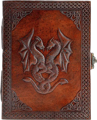 Vista 10 de Diario de cuero doble dragón hecho a mano/cuaderno de escritura/bloc de notas diario encuadernado para hombres y mujeres, papel sin forro, mediano