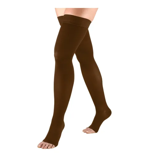 Vista 14 de Truform - Medias de compresión 20-30 mmHg para hombres y mujeres, longitud hasta el muslo, parte superior con lunares, punta abierta, color beige