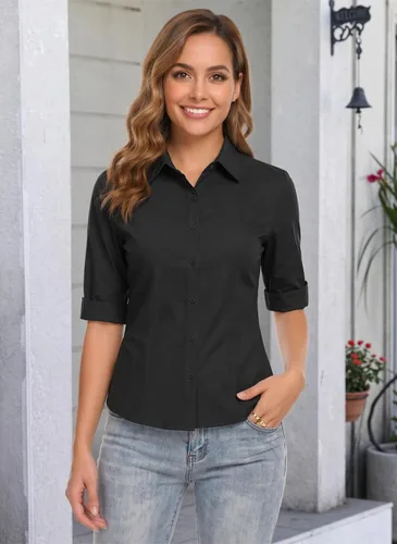 Vista 2 de HOTOUCH Camisa de manga 3/4 con botones para mujer, blusas de trabajo ajustadas, camisas de vestir de algodón, camisas de oficina Negro
