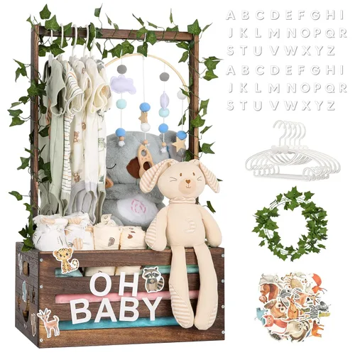 Vista 10 de Cesta grande de regalos para baby shower, caja de madera, colgadores de letras de madera personalizadas para bebé recién nacido niña niño, regalos