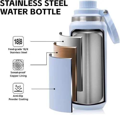 Vista 4 de Greylock Botella de agua aislada de 20 onzas con tapa con pajilla, botellas de agua deportivas reutilizables de acero inoxidable con asa plegable, a