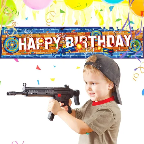 Vista 5 de Cartel de fiesta de batalla de dardos con texto en inglés «Happy Birthday»