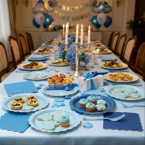 Vista 7 de Platos y servilletas de papel azul, incluye 24 platos azules degradados de 9 pulgadas, servilletas, tenedores, suministros de fiesta