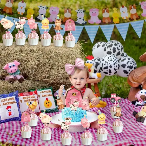Vista 5 de Decoración de pastel de animales de granja rosa para niñas, temática de animales de granja, fiesta de cumpleaños, decoración de pastel de vaca