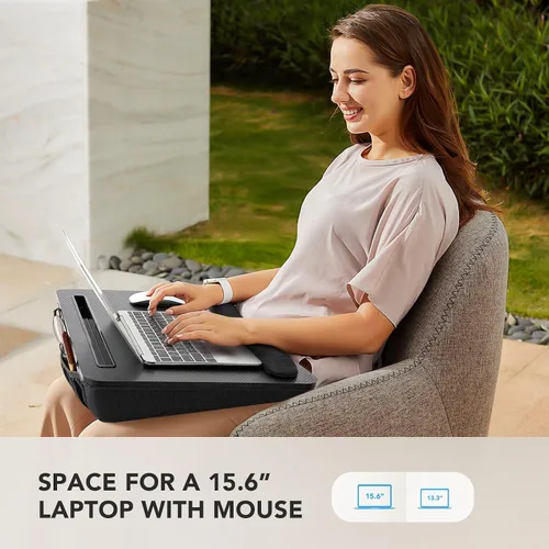 Vista 2 de HUANUO Escritorio de regazo para laptop, escritorio portátil con cojín de almohada, se adapta a portátiles de hasta 17 pulgadas, con tira Negro