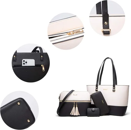 Vista 3 de Juego de 4 bolsas de cuero sintético para mujer, bolsa de hombro, asa superior, cartera