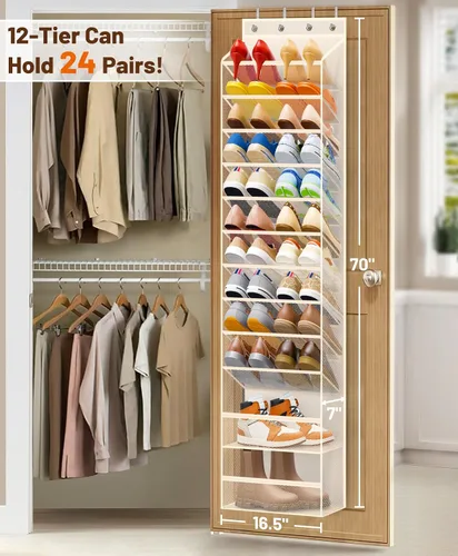 Vista 2 de MISSLO Organizador de zapatos de 12 niveles para colgar sobre la puerta, de malla transpirable, estante colgante para zapatos para almacenamiento