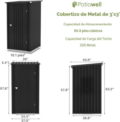 Vista 4 de Patiowell - Cobertizo de 3 x 3 pies para herramientas, pequeño, con techo inclinado y puerta individual con cerradura, para exteriores, patio