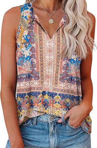 Vista 3 de Soesdemo Camiseta sin mangas para mujer, cuello en V, sin mangas, para verano, casual, holgada, para negocios, bonita, floral, básica