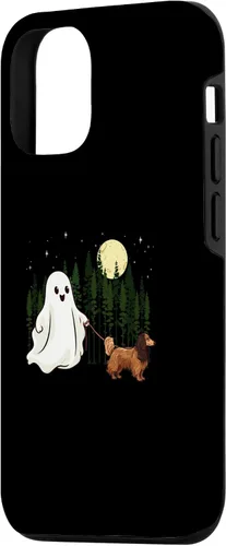 Vista 2 de iPhone 14 - Carcasa divertida para niños con diseño de perro salchicha caminando fantasma Halloween