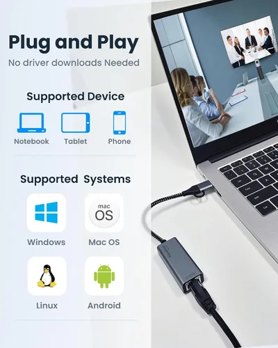 Vista 3 de Adaptador Ethernet USB 2.5G, adaptador de red USB-C y USB-A 2 en 1 a RJ45 compatible con portátil/PC, Windows, Mac, Linux, Plug & Play