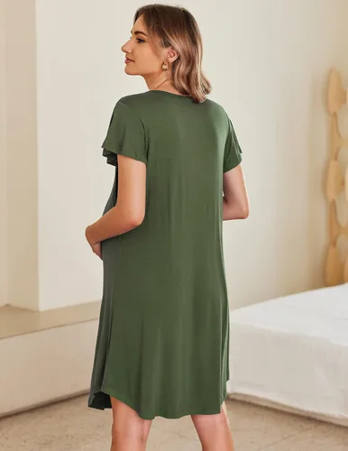 Vista 6 de Ekouaer 3 en 1 camisón de lactancia de maternidad vestido de hospitalparto vestido de hospital de manga acampanada plisado vestido de lactancia