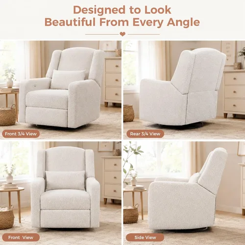 Vista 9 de Mecedora reclinable giratoria eléctrica, gran comodidad, para guardería, color crema Mecedora suave con almohada lumbar y puerto de carga USB