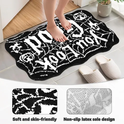 Vista 3 de Meetory Alfombra de baño de Halloween – Tapete de baño de telaraña, lavable a máquina, tapete gótico para Halloween, tapete de baño gótico