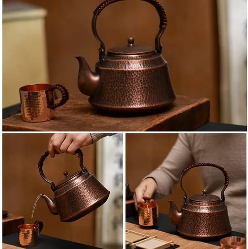 Vista 3 de kkekos Tetera de cobre hecha a mano de 33.8 fl oz tetera china para estufa sin recubrimiento (marrón)