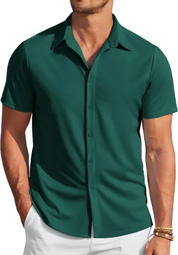 Vista 15 de COOFANDY - Camisas sin arrugas para hombre, casual, manga corta, con botones, de verano, elástica, de vestir