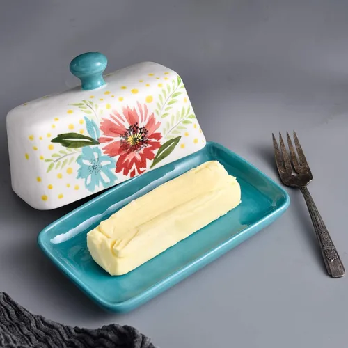Vista 6 de Wisenvoy Mantequillera de cerámica con tapa con tapa para mantequilla con tapa para encimera de mantequilla de flores