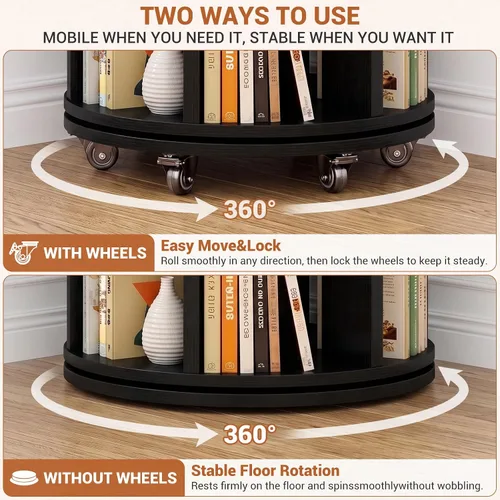 Vista 4 de Besiost 6-Tier Rotating Bookshelf Tower, Solid Wood 360° Revolving Bookcase Round Spinning Book Shelf Organizer on 6 Wheels, Narrow Rolling