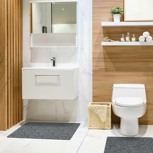 Vista 6 de Alfombrilla de tocador de baño de 24 x 18 pulgadas, microfibra sin deslizamiento, diseño gris 1S