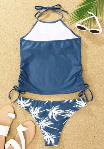 Vista 4 de Conjunto de tankini con cuello halter de árbol de coco para mujer, con tirantes ajustables, traje de baño de playa