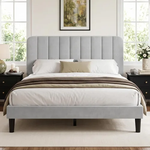 Vista 15 de VECELO Base de cama tapizada de tamaño matrimonial con 4 cajones y cabecero, plataforma de terciopelo, soporte de listones de madera, no necesita