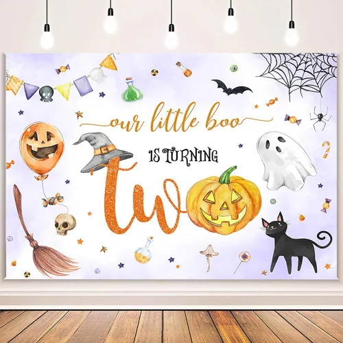 Vista 2 de MEHOFOND Telón de fondo de Halloween Spooktacular de 2º cumpleaños con texto en inglés "Our Little Boo is Turning Twing", lindo fantasma para fiesta